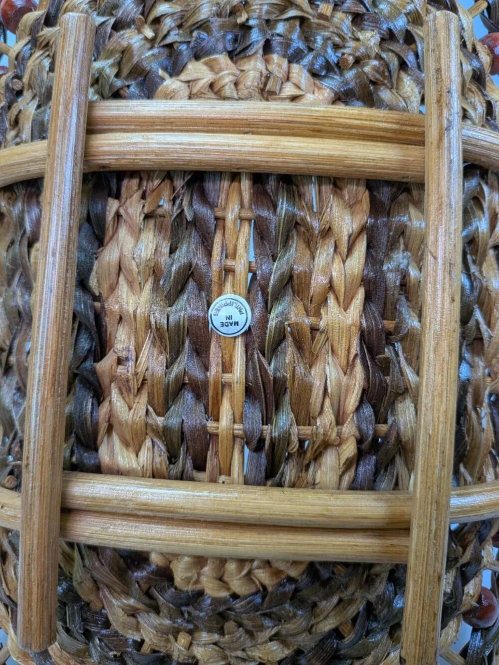 Vintage Woven Two-Tone Scoop Basket Wooden Bead Accent Overhead Handle